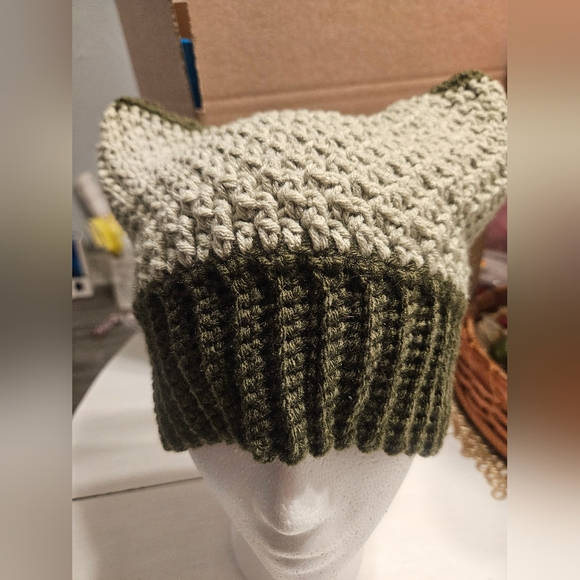 Handmade Crocheted Ribbed Brim Cat Ear Beanie and Fingerless Gloves Set. - Picture 5 of 7